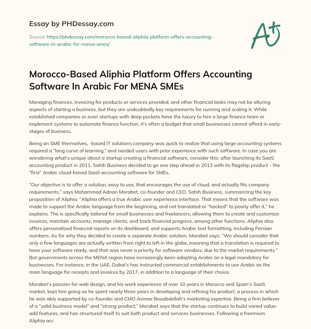 Morocco-Based Aliphia Platform Offers Accounting Software In Arabic For MENA SMEs essay