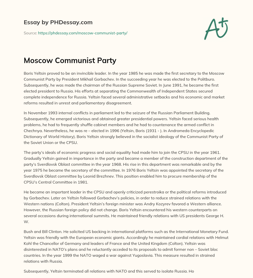 Moscow Communist Party essay