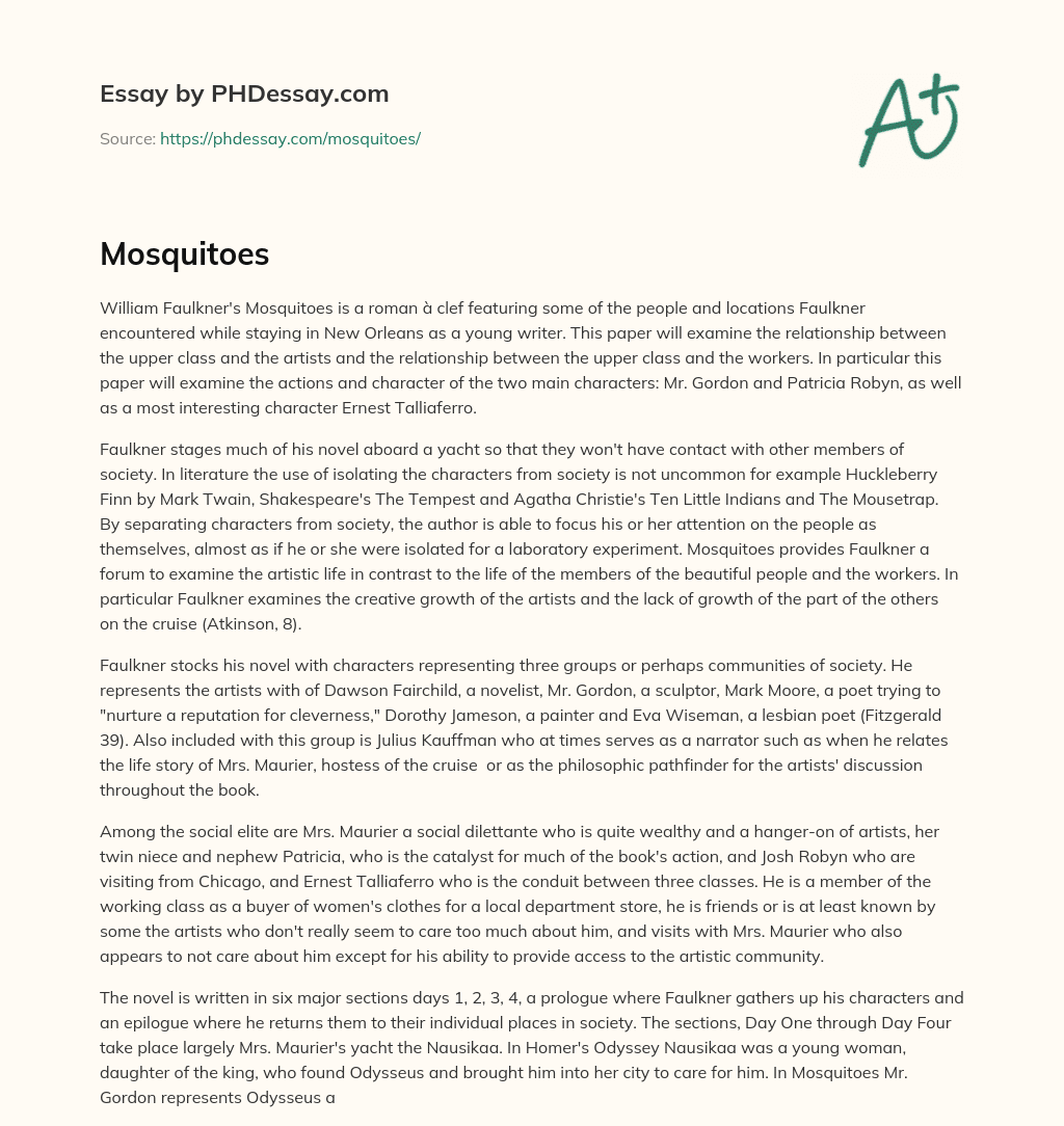 Faulkner’s Mosquitoes: Examining Class and Creativity on a Yacht essay