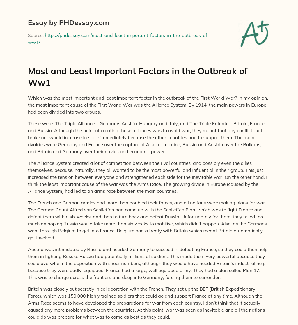 Most and Least Important Factors in the Outbreak of Ww1 essay
