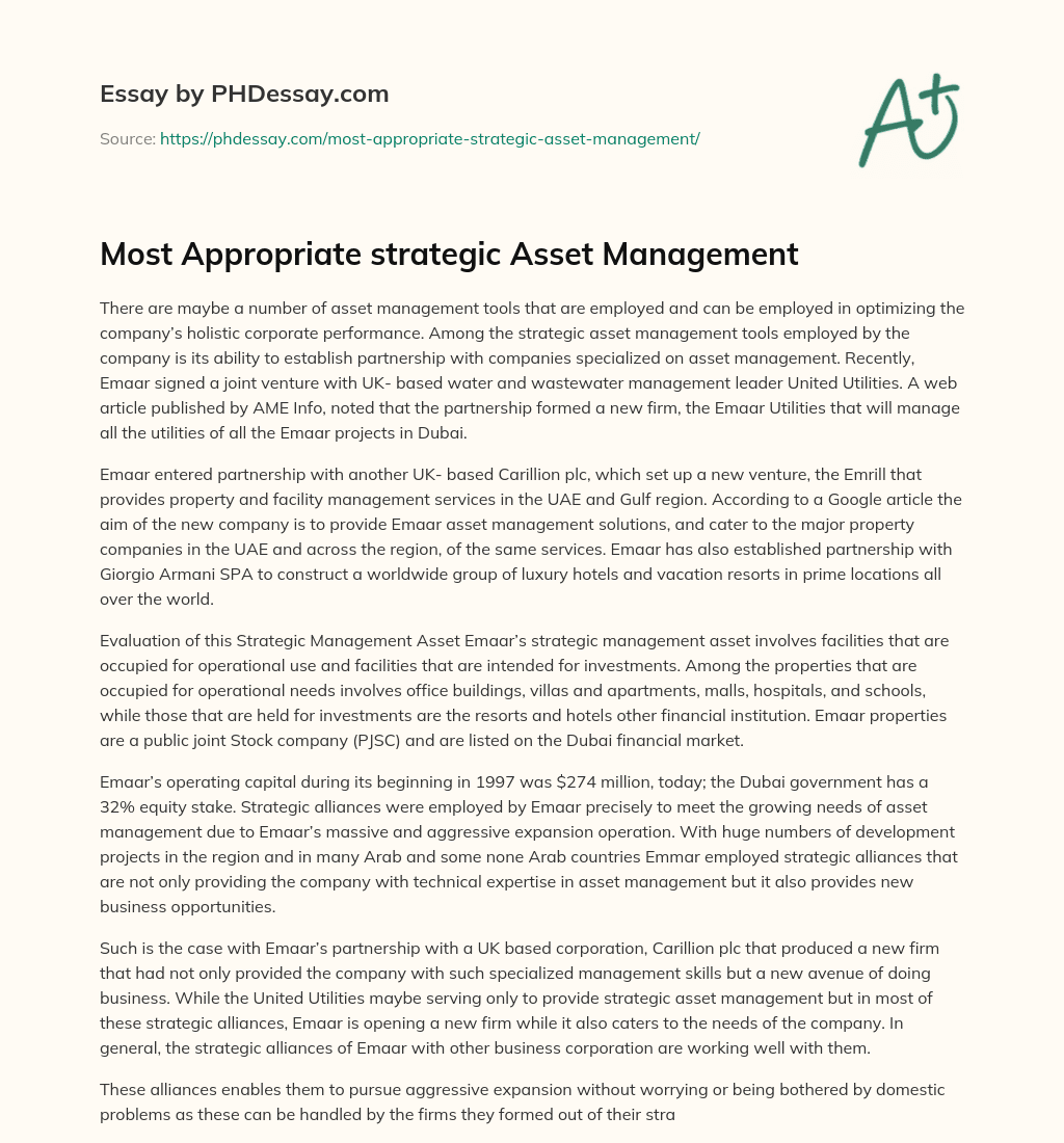 Most Appropriate strategic Asset Management essay
