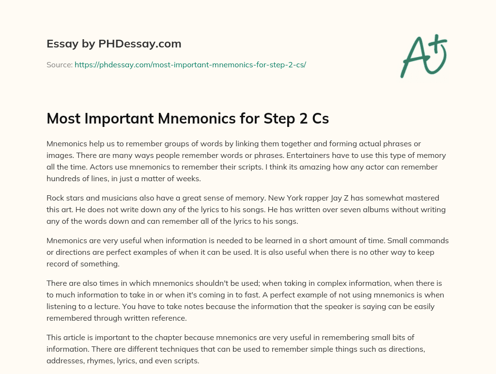 Most Important Mnemonics for Step 2 Cs essay