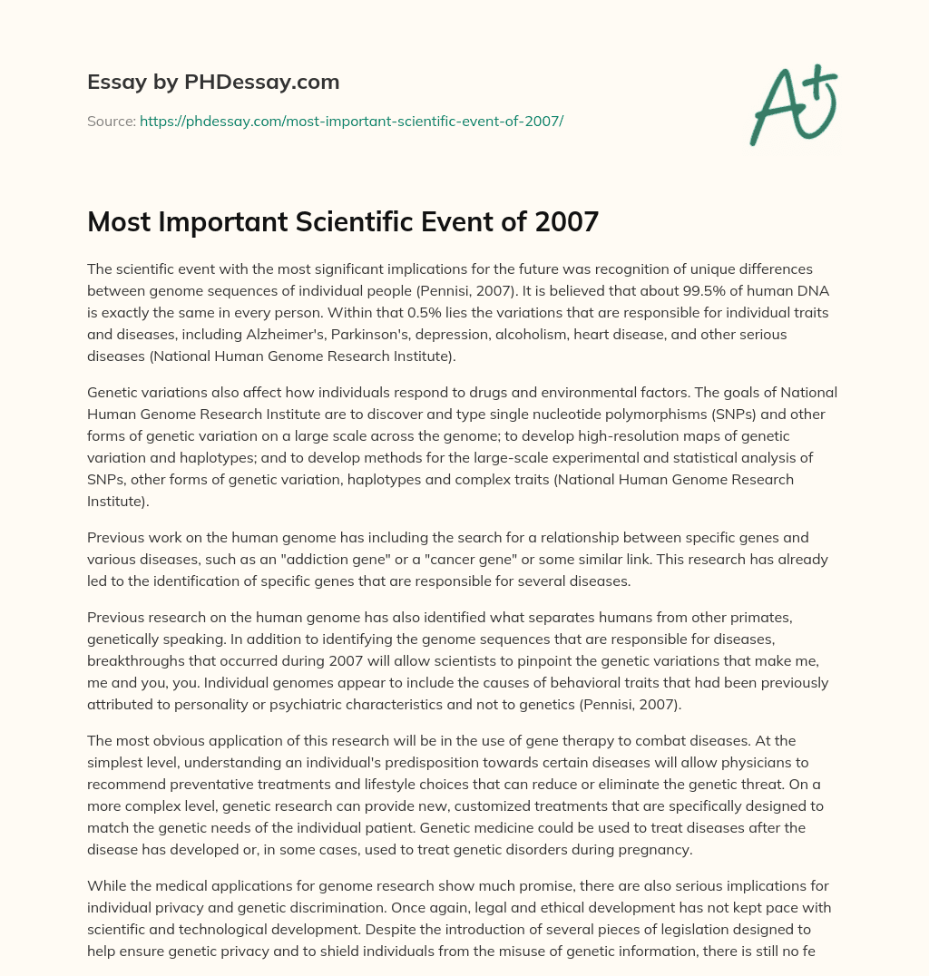 Most Important Scientific Event of 2007 essay