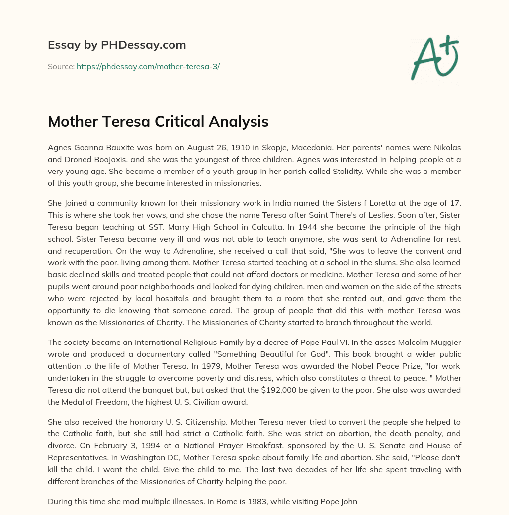 Mother Teresa Critical Analysis essay