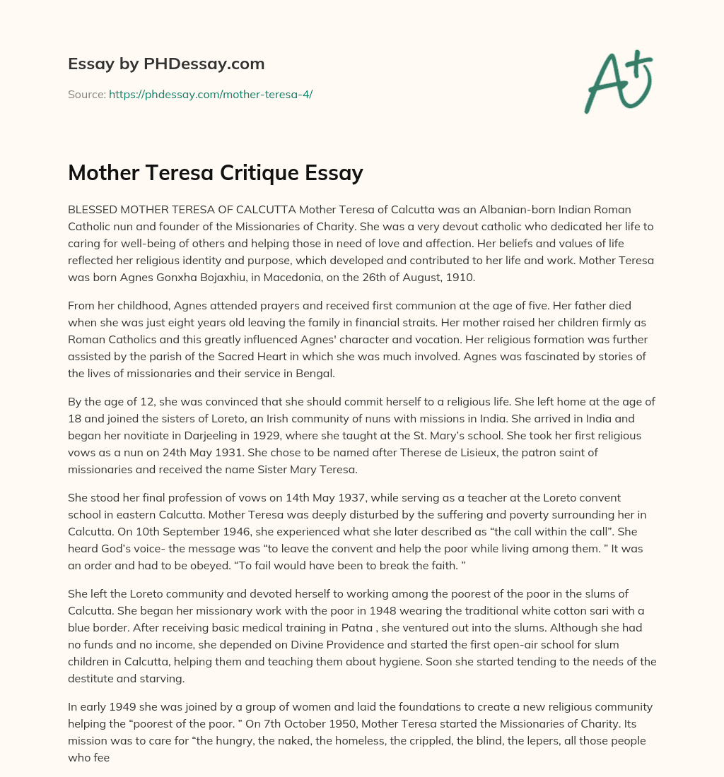Mother Teresa Critique Essay essay