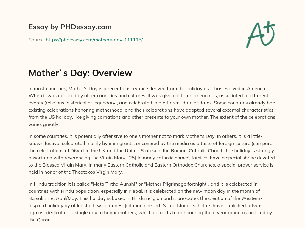 Mother`s Day: Overview essay