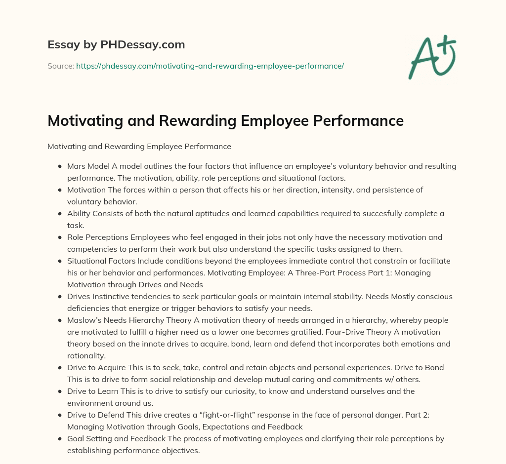 Motivating and Rewarding Employee Performance essay