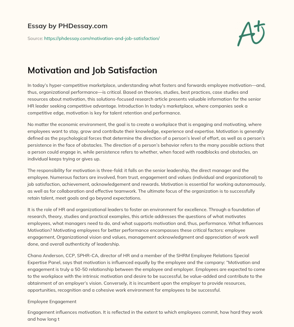 Motivation and Job Satisfaction essay
