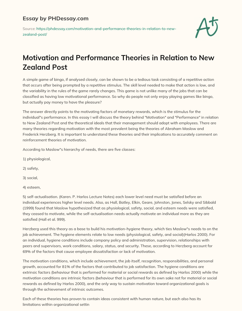 Motivation and Performance Theories in Relation to New Zealand Post essay