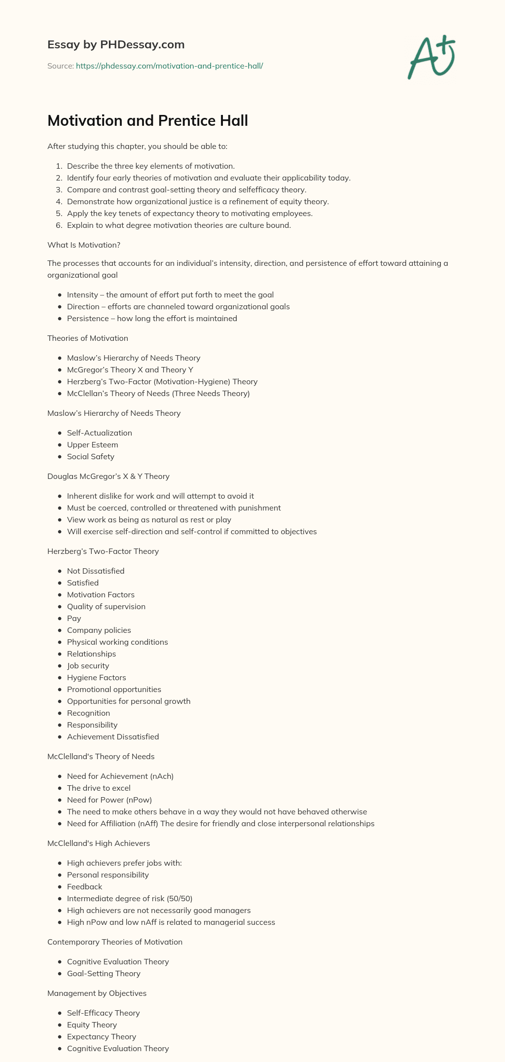 Motivation and Prentice Hall (500 Words)