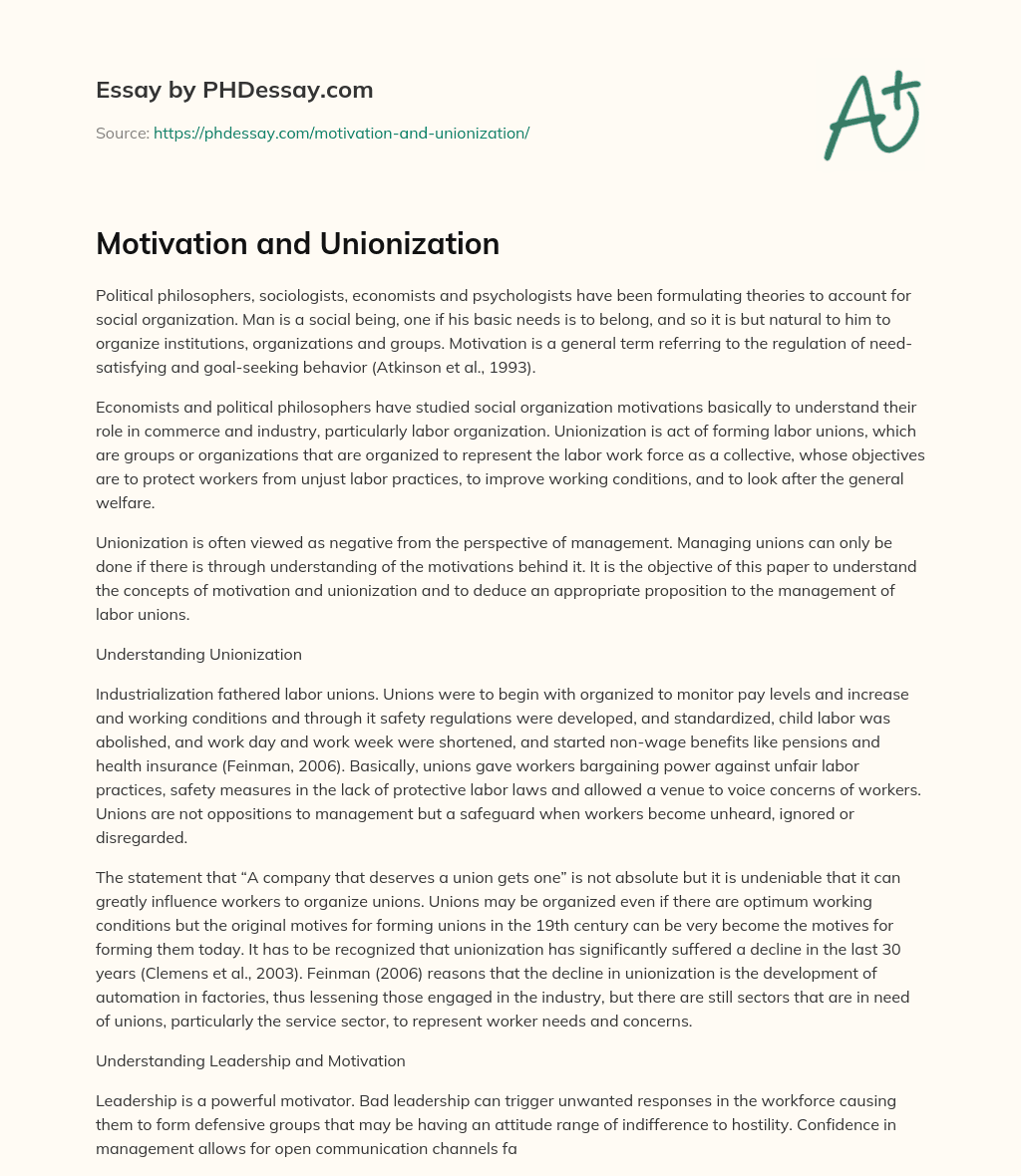 Motivation and Unionization essay
