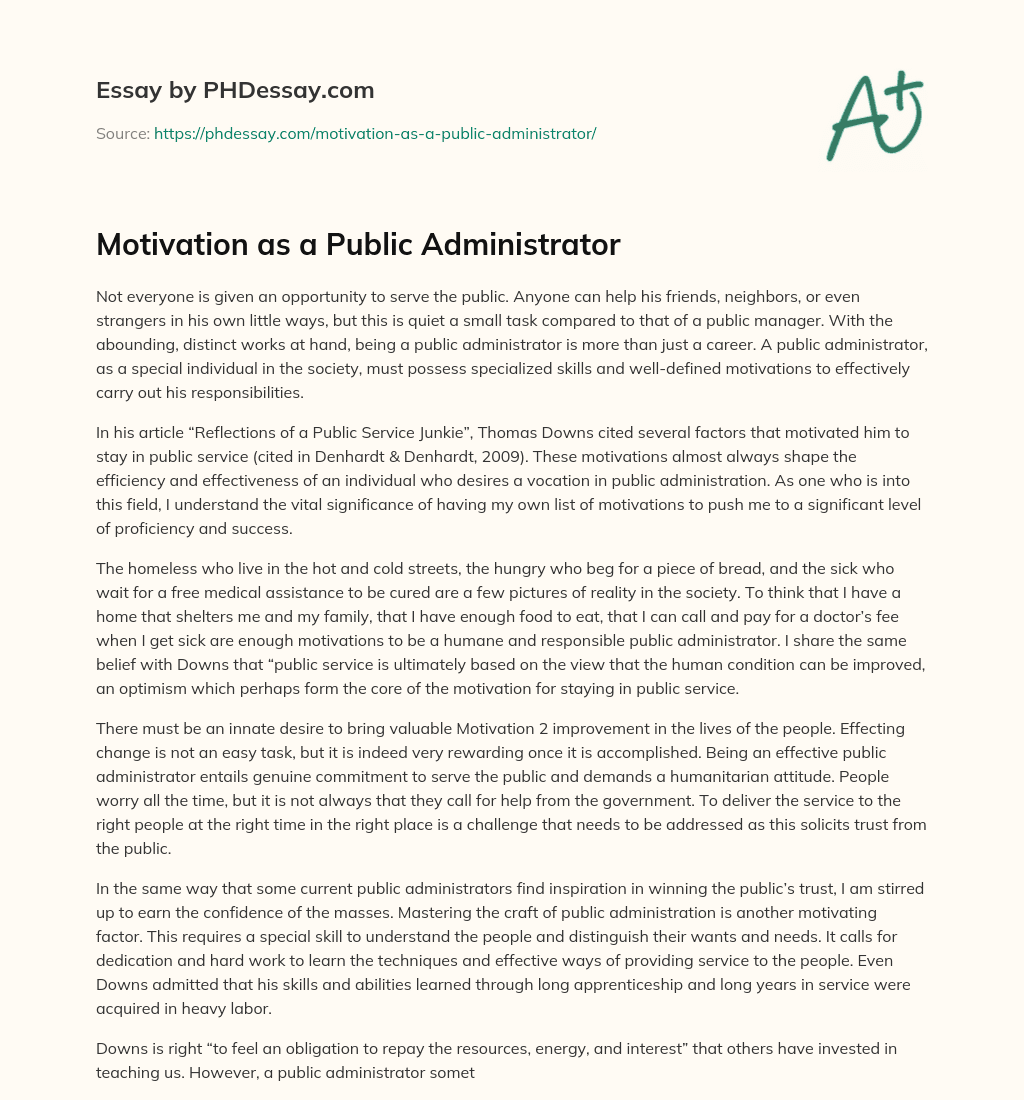 Motivation as a Public Administrator essay