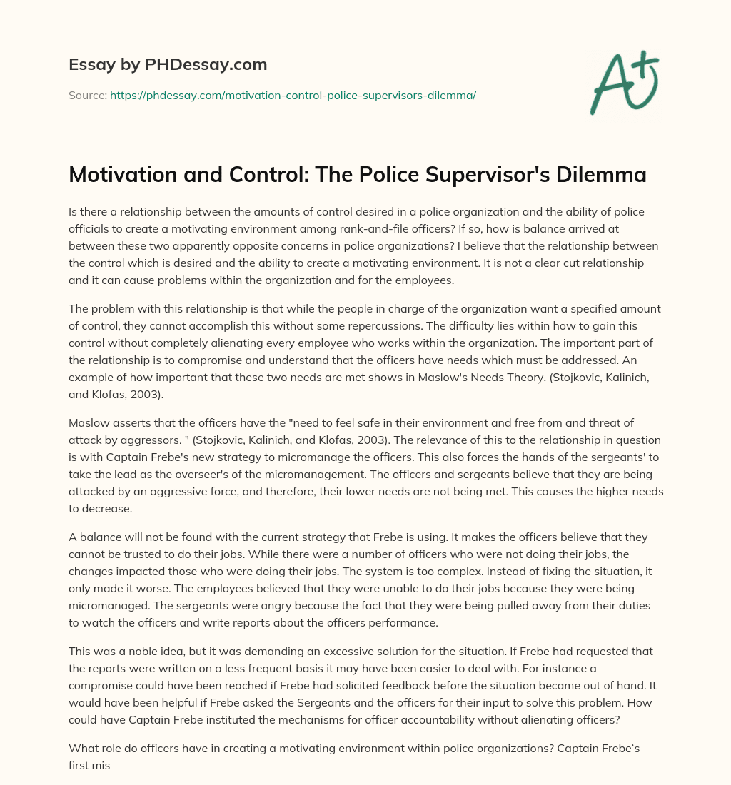 Motivation and Control: The Police Supervisor’s Dilemma essay