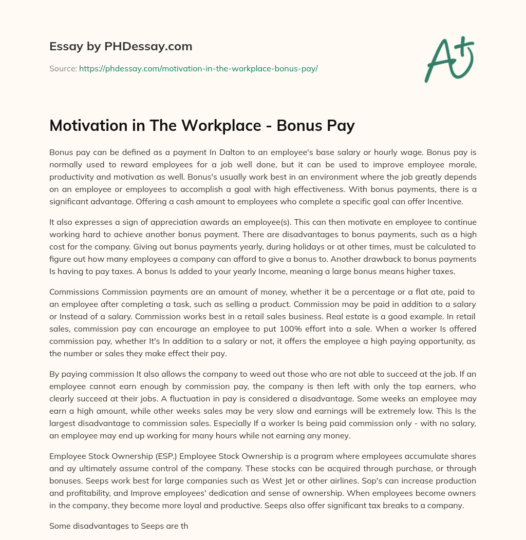 Motivation in The Workplace – Bonus Pay essay