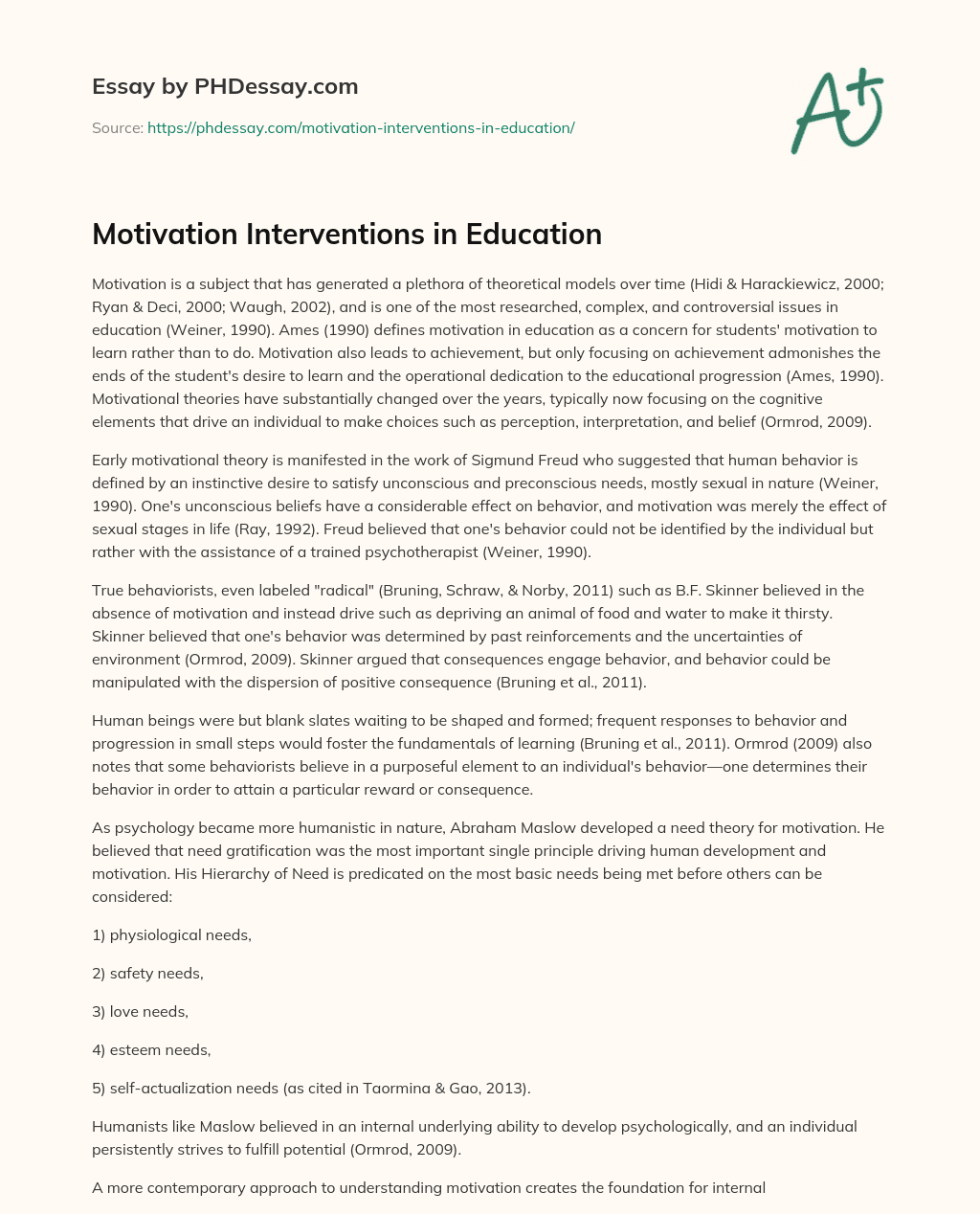 Motivation Interventions in Education essay