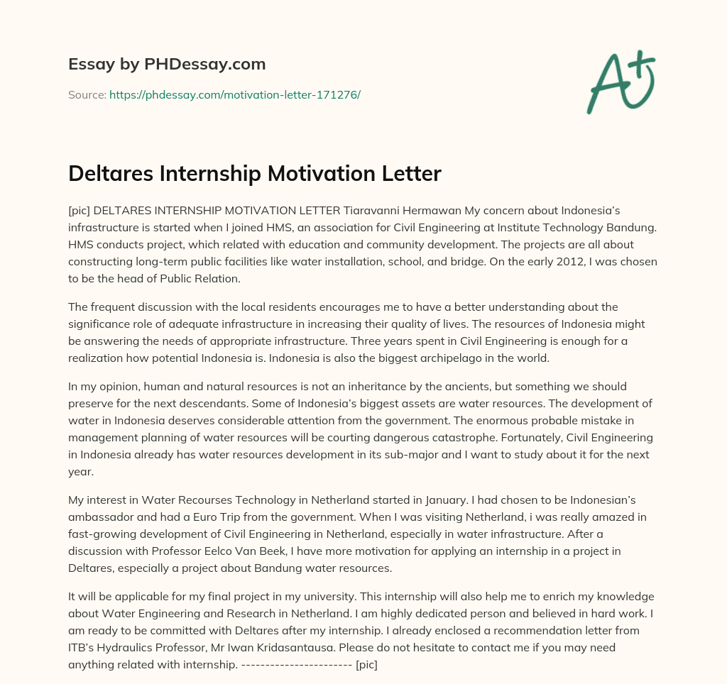 Deltares Internship Motivation Letter essay
