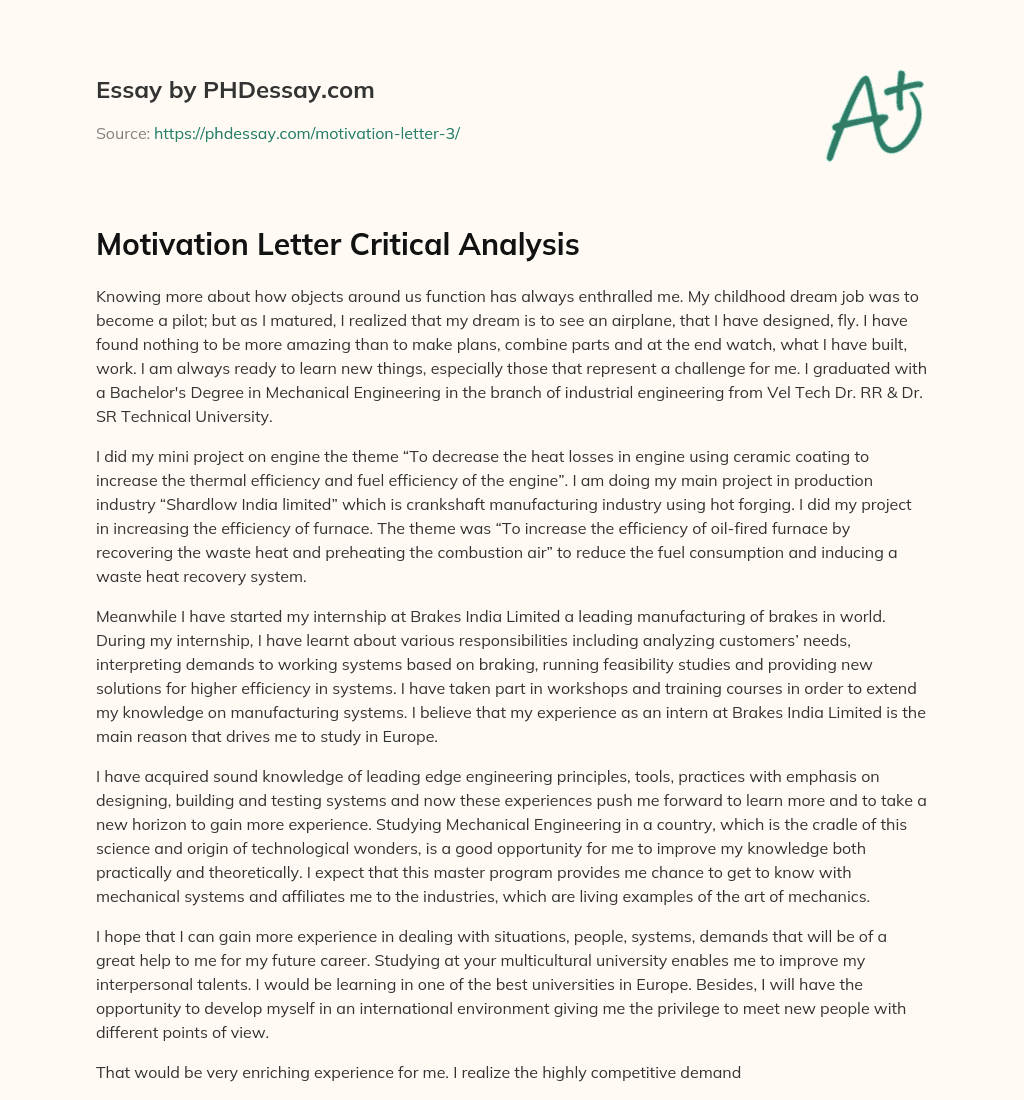 Motivation Letter Critical Analysis essay