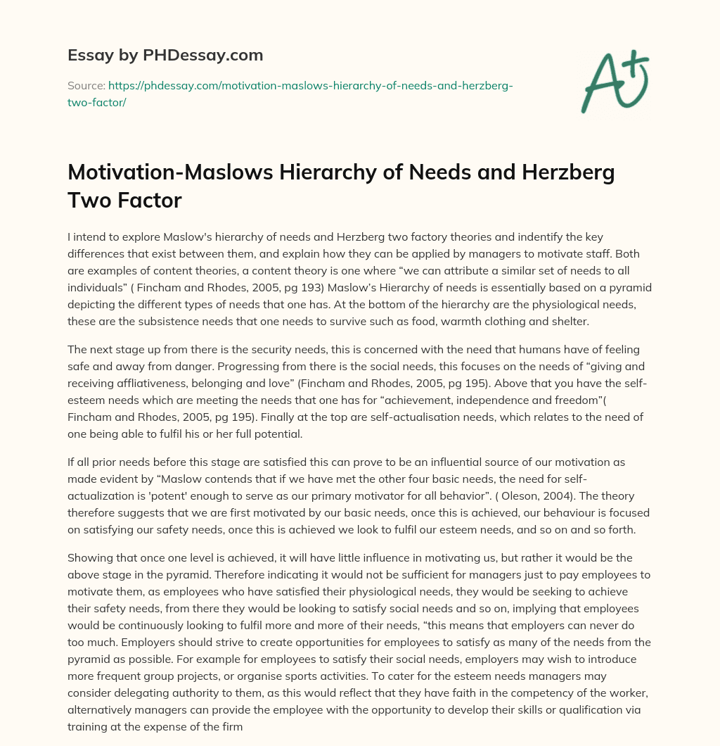 Motivation-Maslows Hierarchy of Needs and Herzberg Two Factor essay
