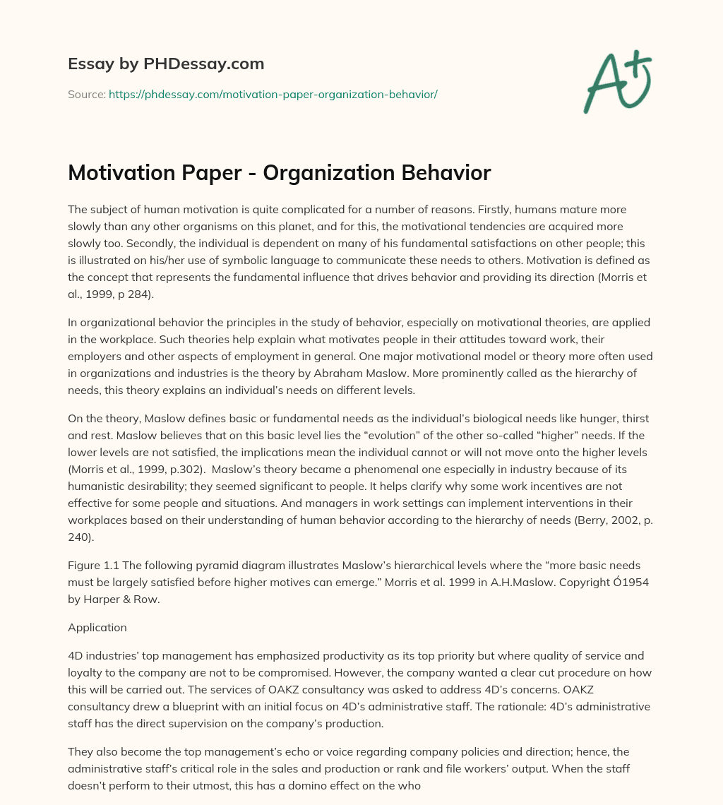 Motivation Paper – Organization Behavior essay