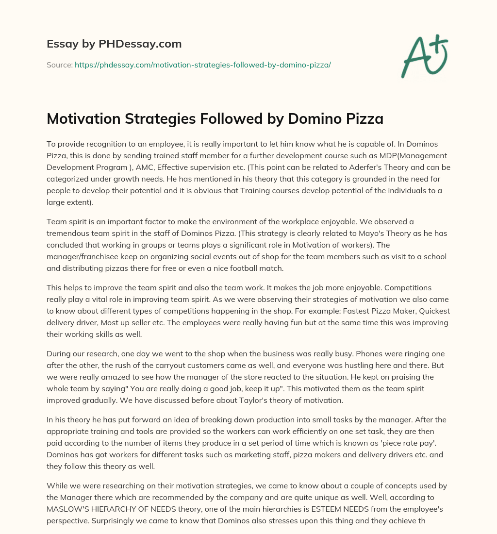 Motivation Strategies Followed by Domino Pizza essay