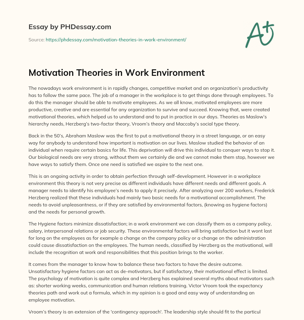 Motivation Theories in Work Environment essay