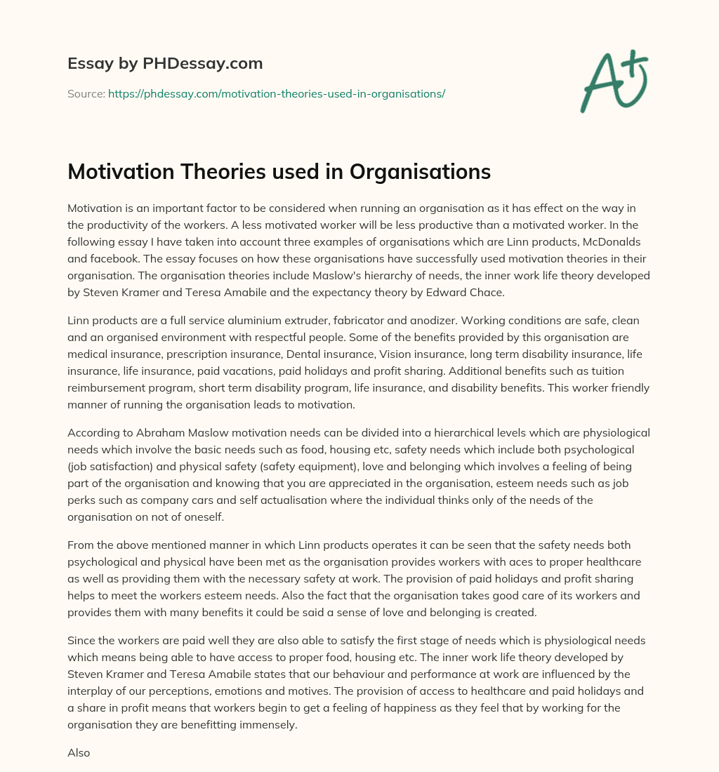 Motivation Theories used in Organisations essay