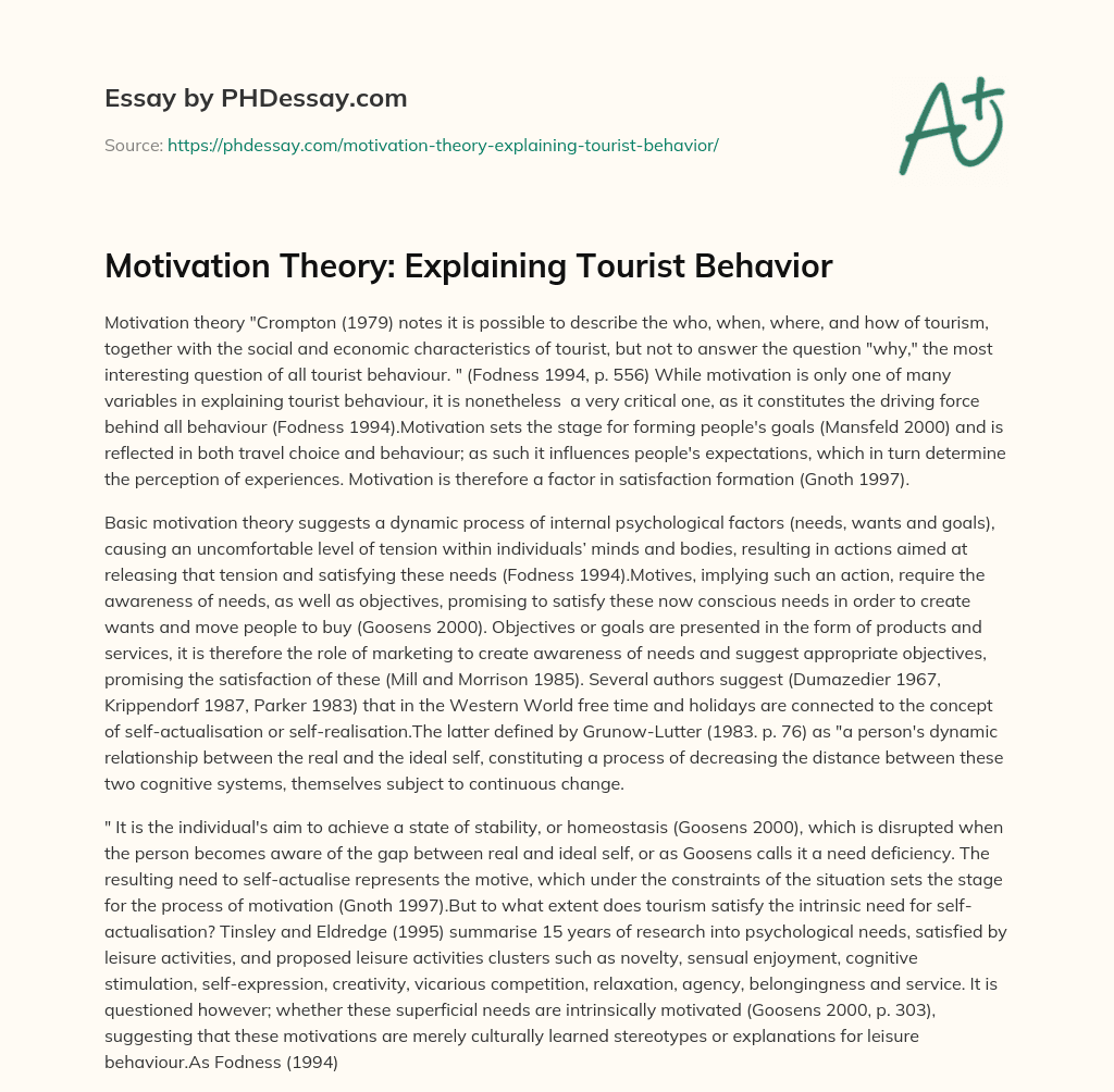 Motivation Theory: Explaining Tourist Behavior essay