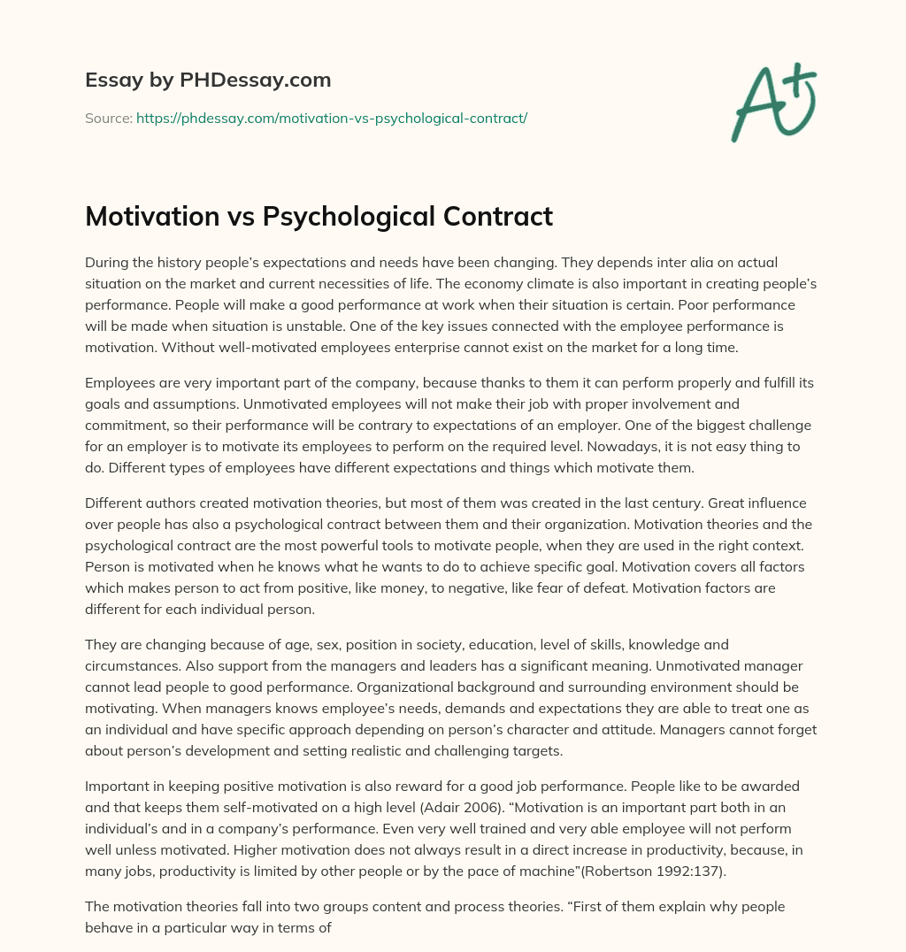 Motivation vs Psychological Contract essay