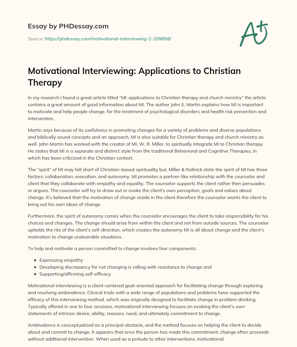 Motivational Interviewing: Applications to Christian Therapy essay