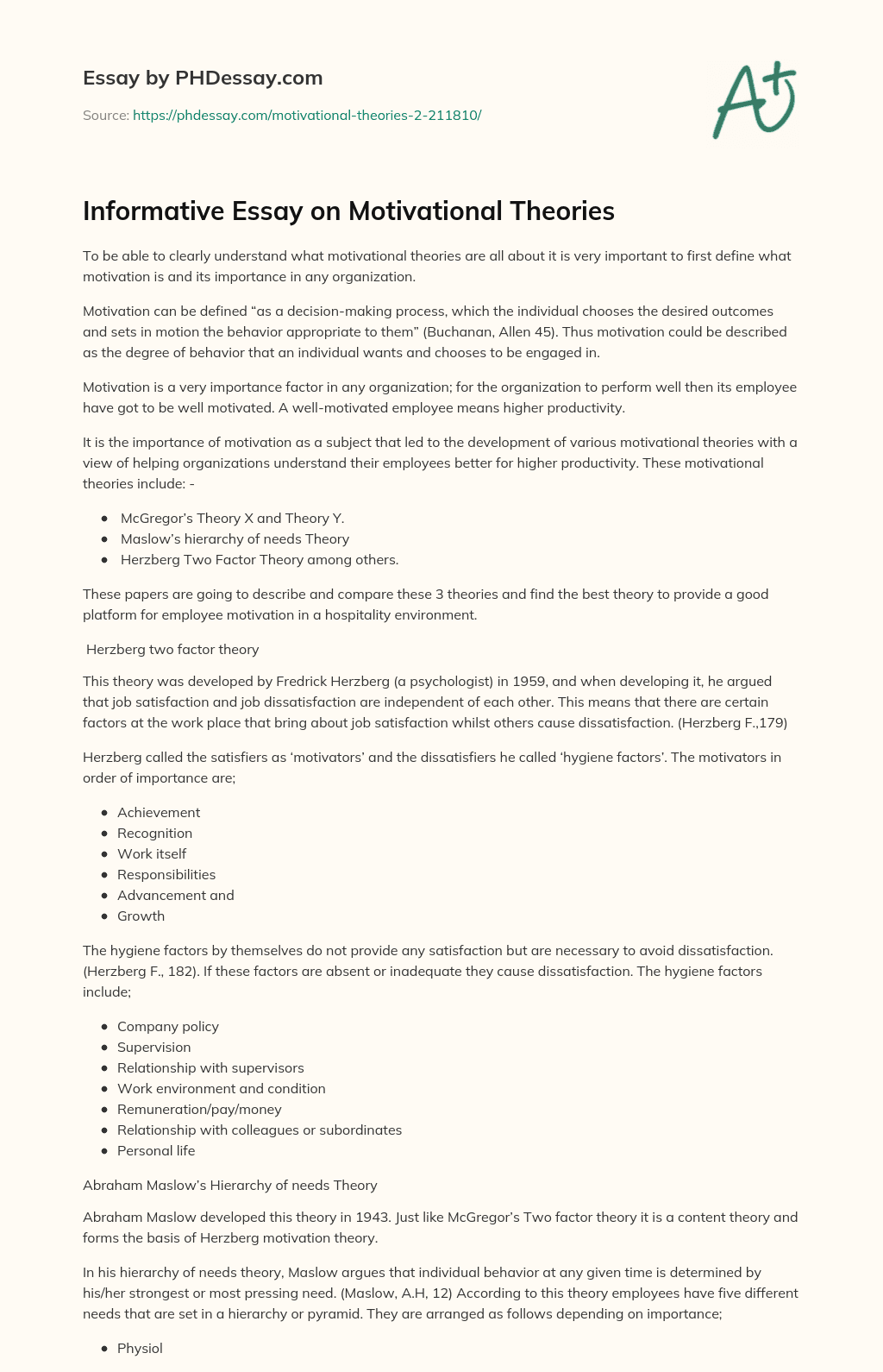 Informative Essay on Motivational Theories essay
