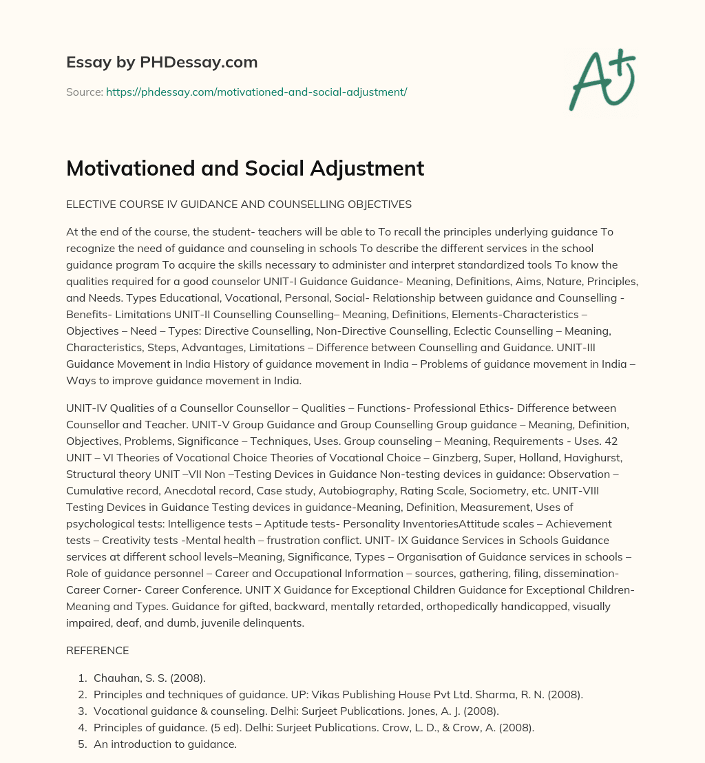 Motivationed and Social Adjustment essay