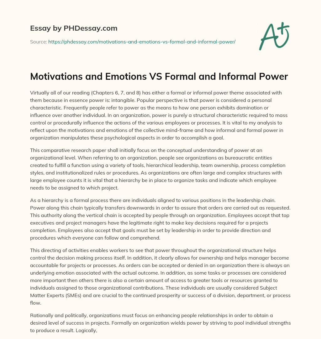 Motivations and Emotions VS Formal and Informal Power essay
