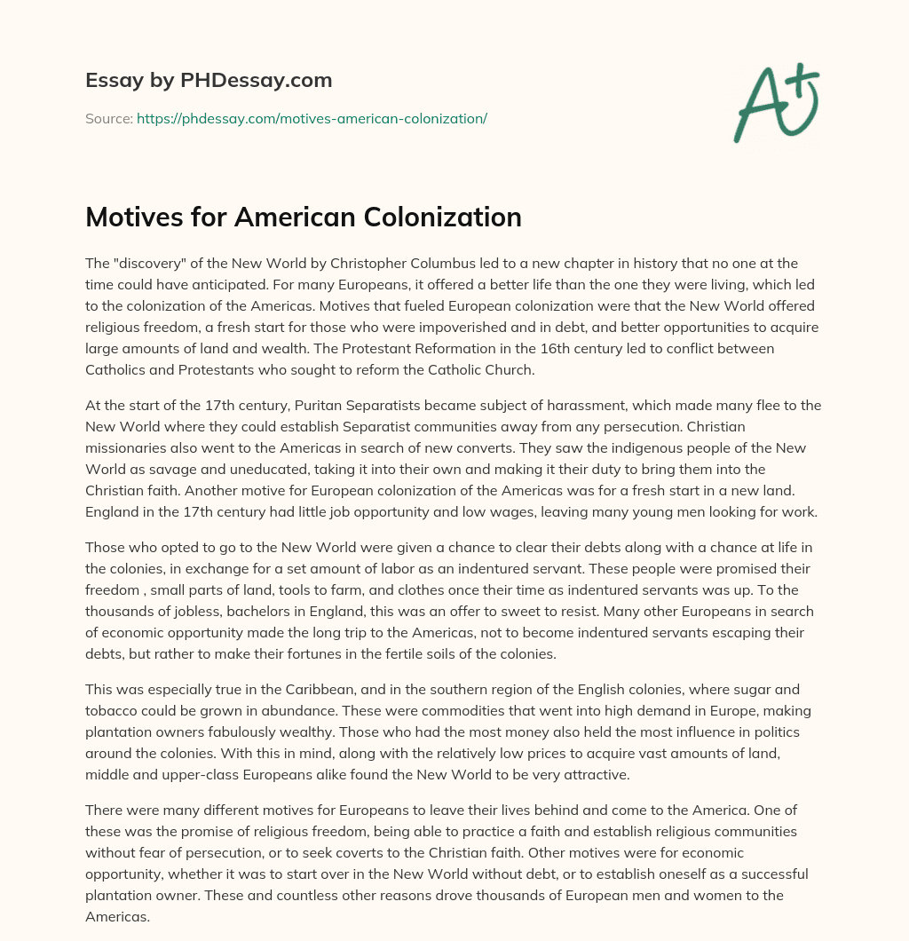 Motives for American Colonization essay