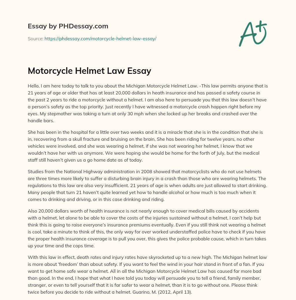 Motorcycle Helmet Law Essay essay