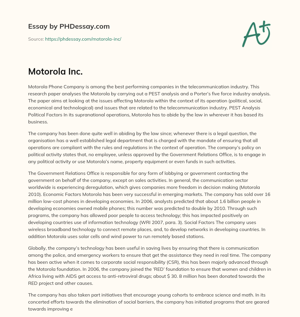 Analyzing Motorola’s Performance through PEST and Porter’s Five Force Analysis essay