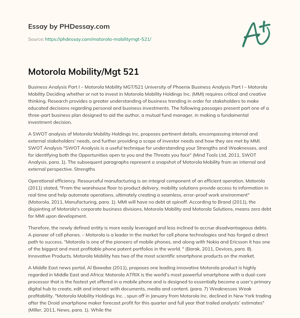 Motorola Mobility/Mgt 521 essay