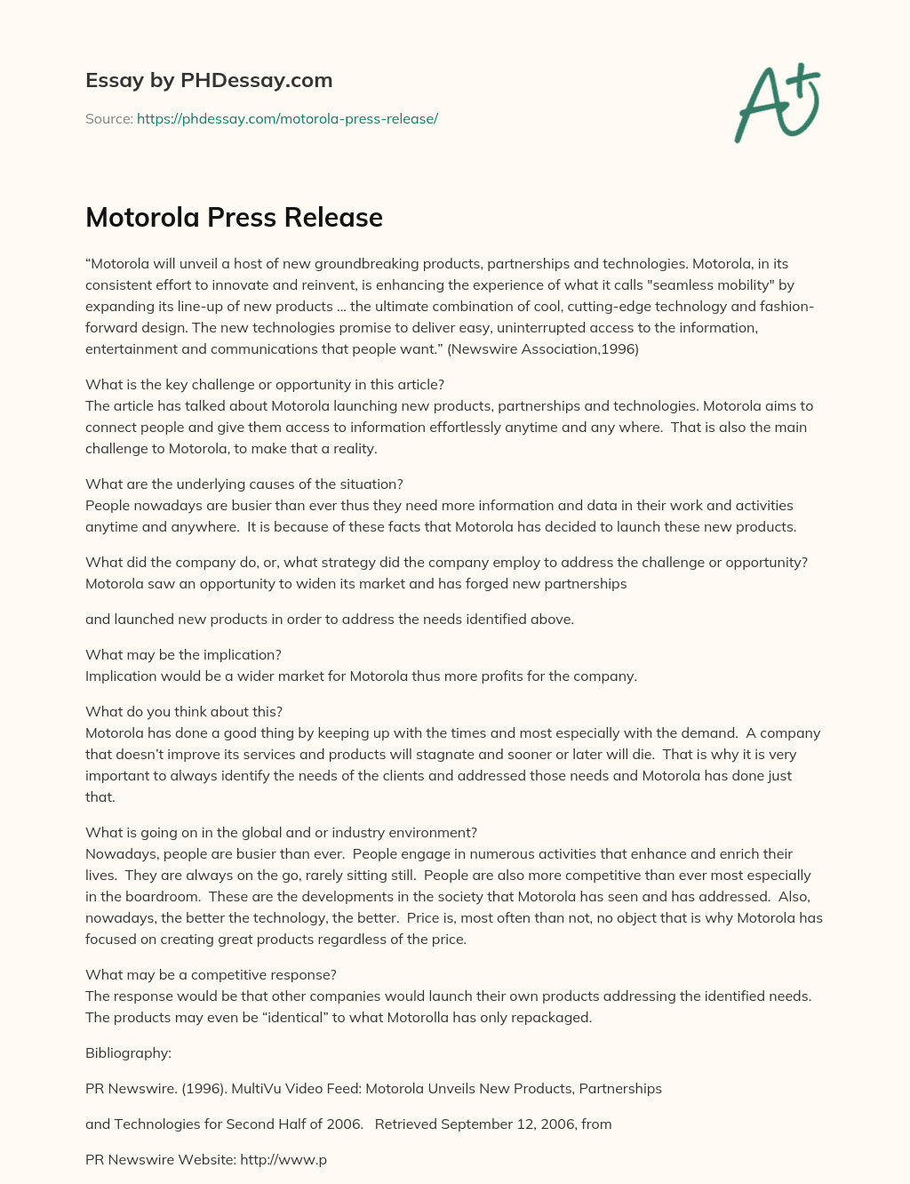 Motorola Press Release essay