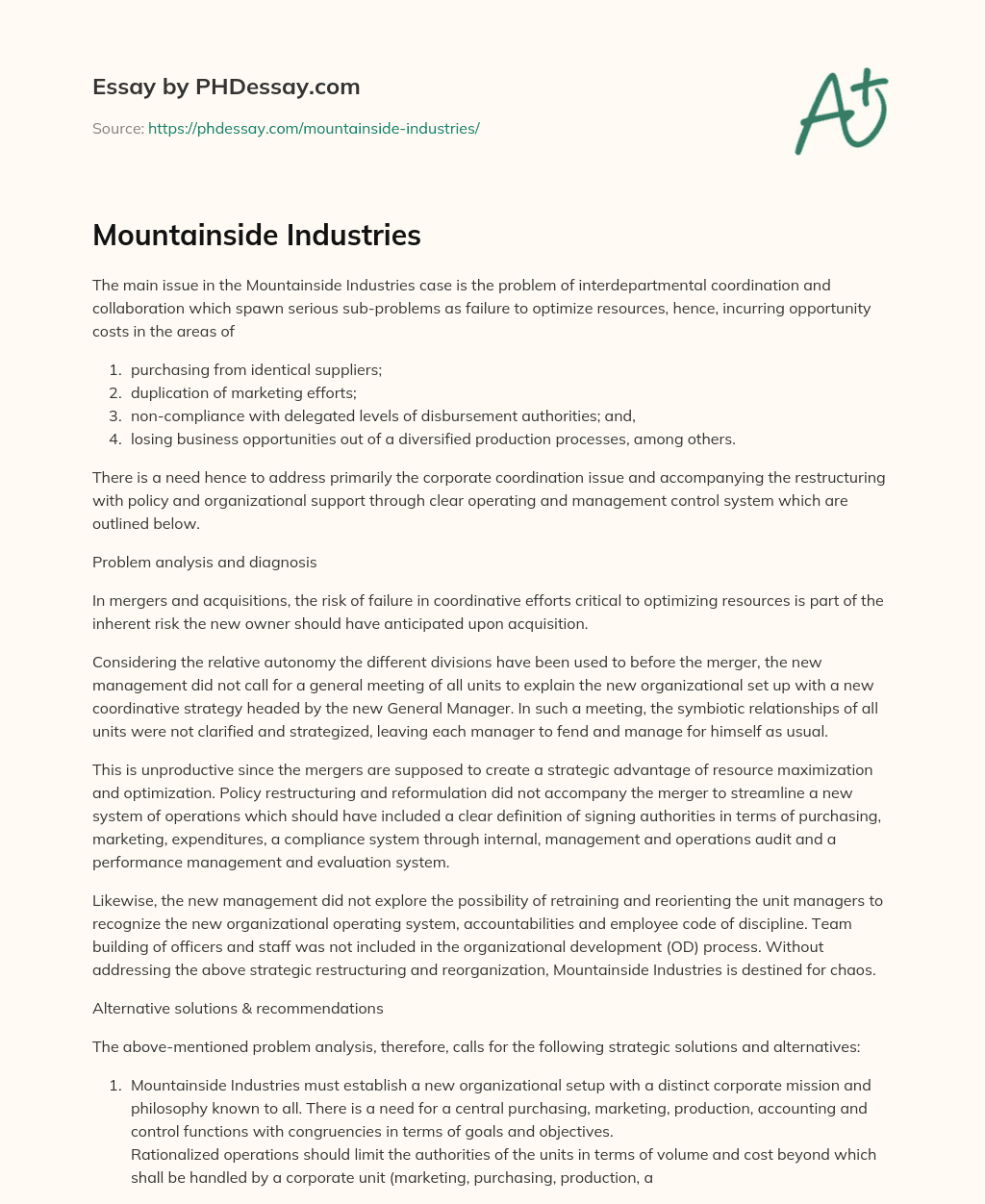 Mountainside Industries essay