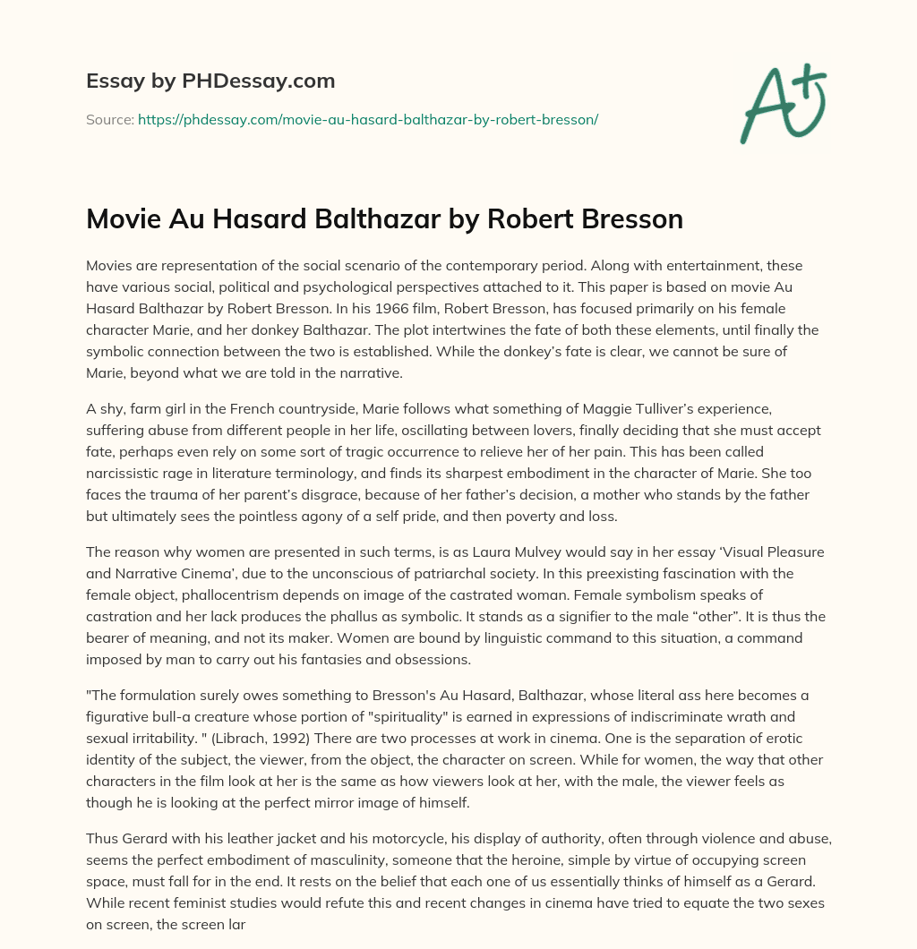 Movie Au Hasard Balthazar by Robert Bresson essay