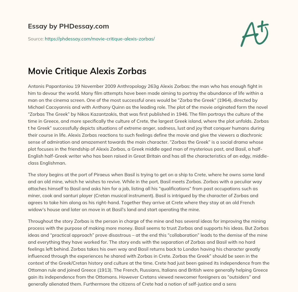 Movie Critique Alexis Zorbas essay