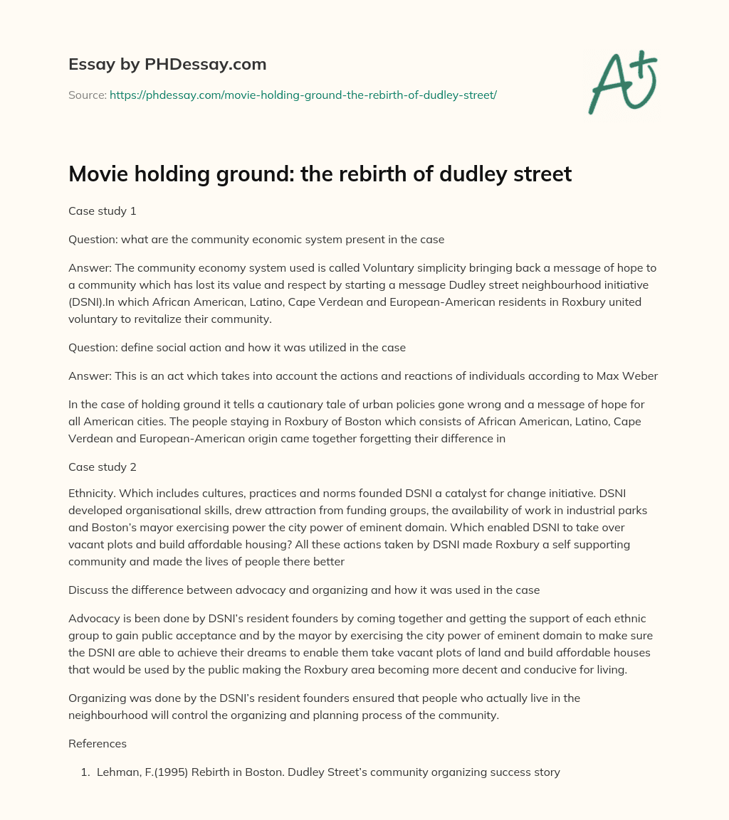 Movie holding ground: the rebirth of dudley street essay