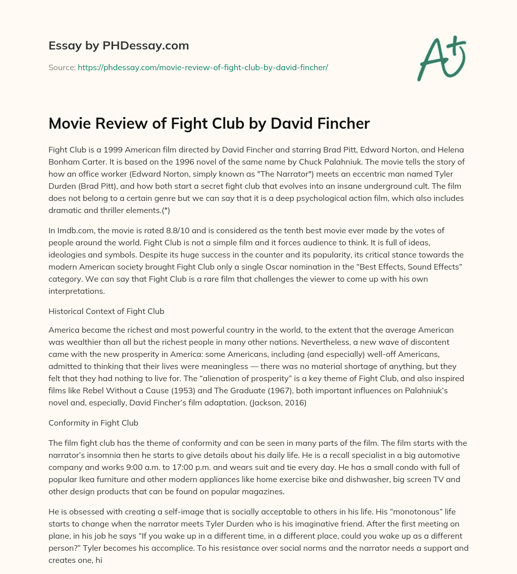 Movie Review of Fight Club by David Fincher essay