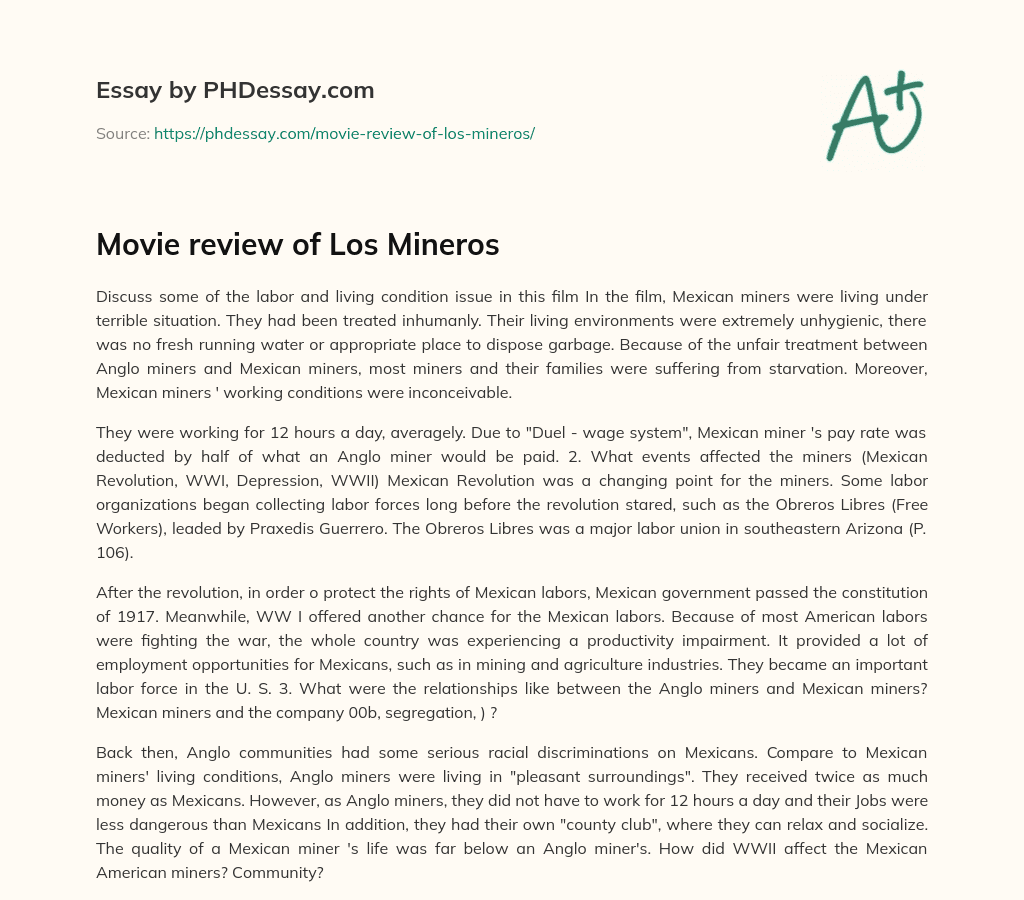 Movie review of Los Mineros essay