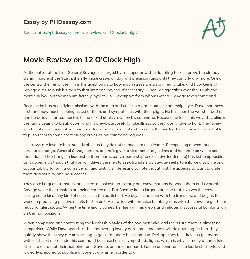 Movie Review on 12 O’Clock High essay