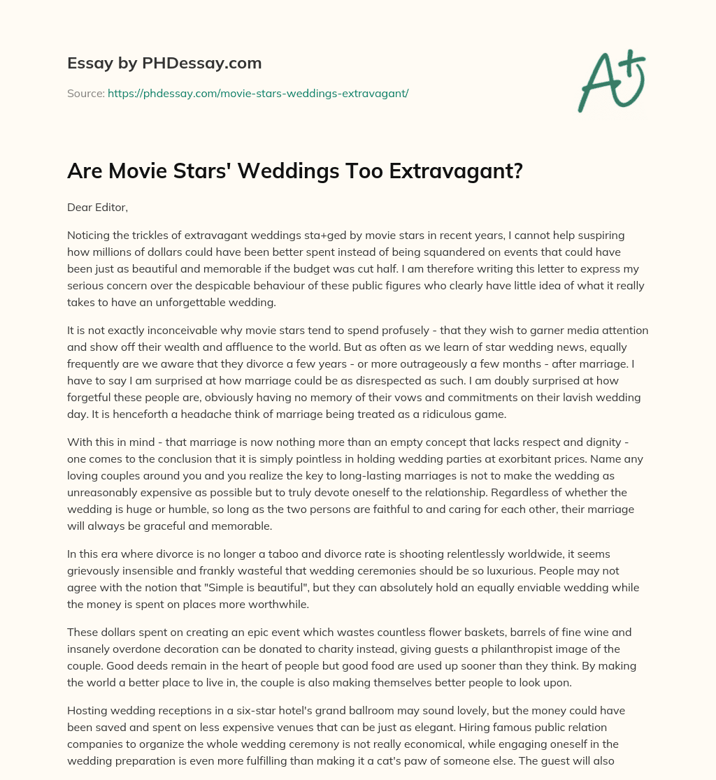Are Movie Stars’ Weddings Too Extravagant? essay