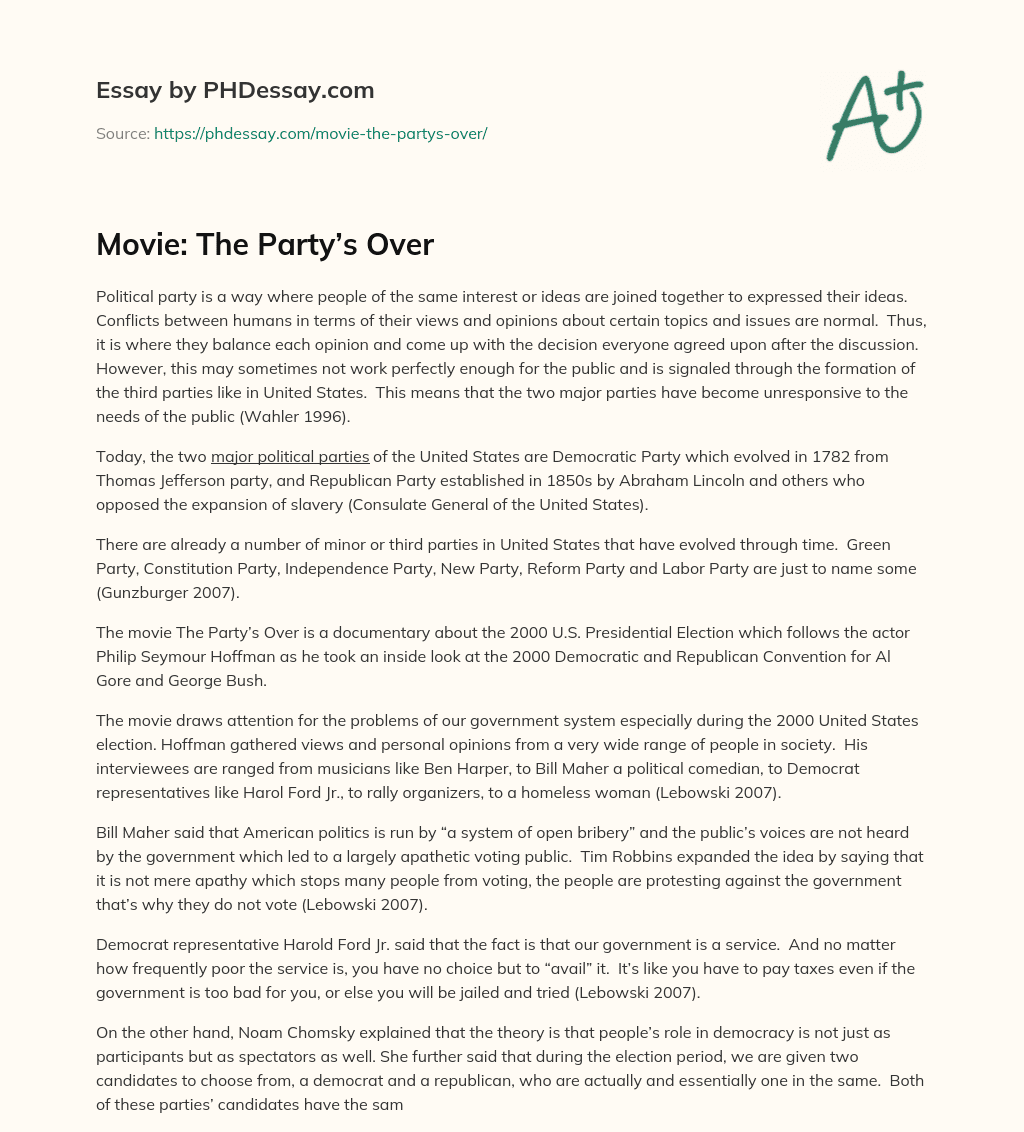 Movie: The Party’s Over essay