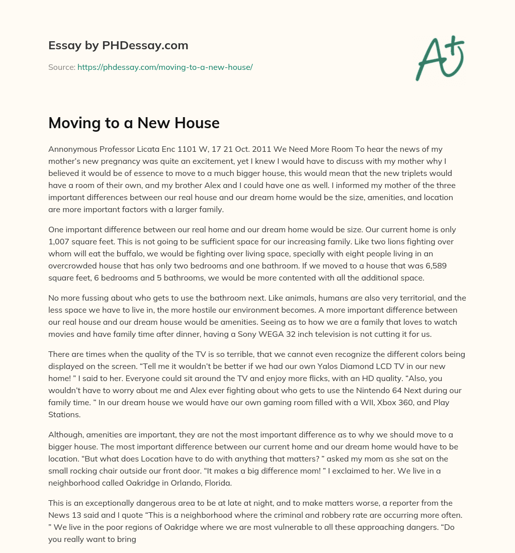 essay on moving to a new house
