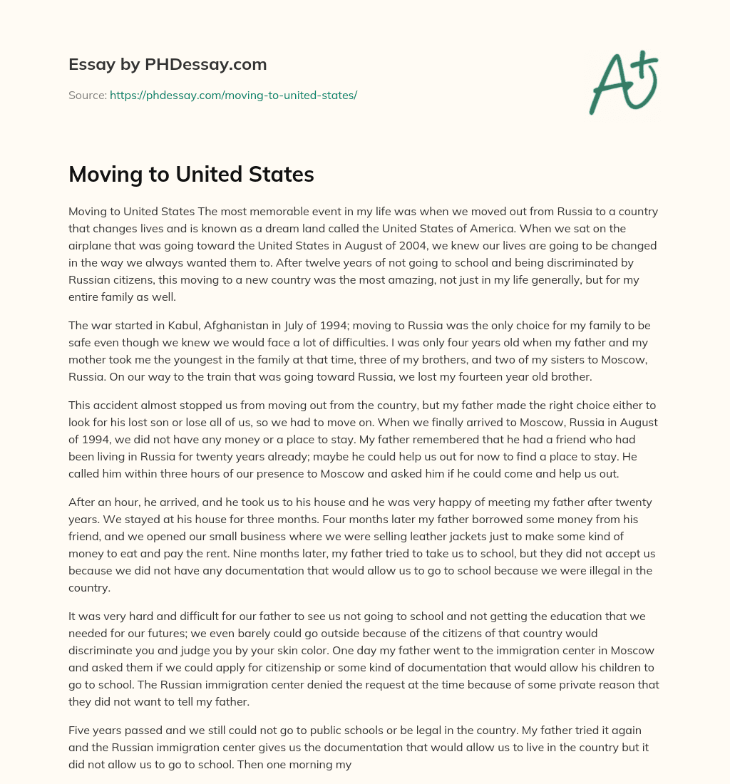 Moving to United States essay