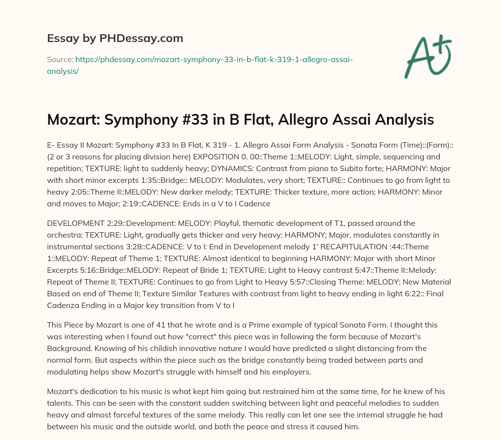 Mozart: Symphony #33 in B Flat, Allegro Assai Analysis essay