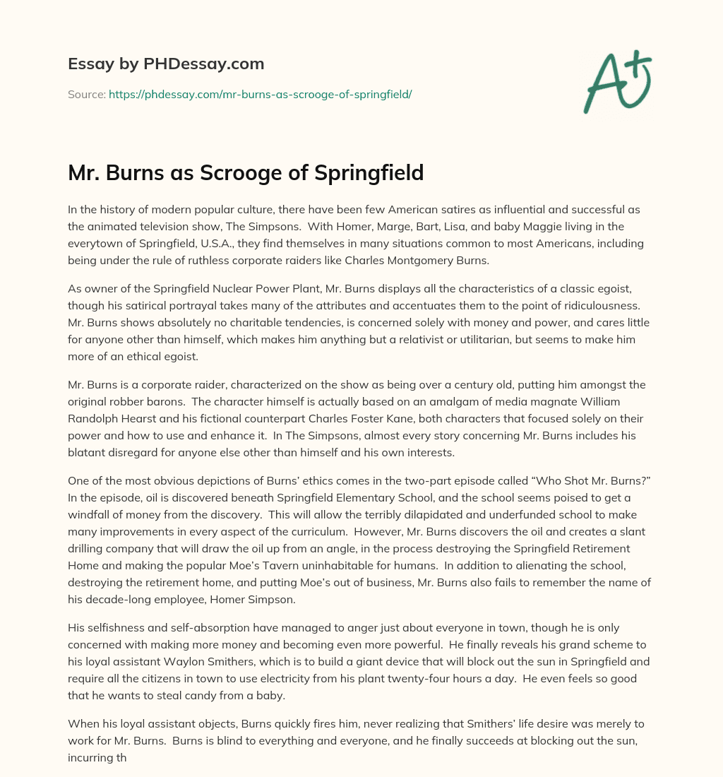 Mr. Burns as Scrooge of Springfield essay
